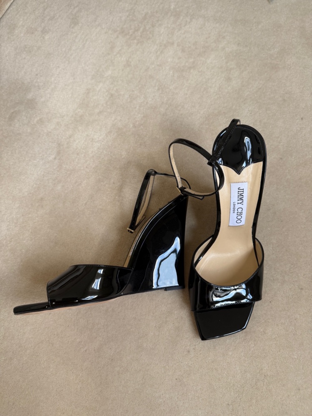 Jimmy Choo Black Patent Leather Wedge Sandals with Ankle Strap